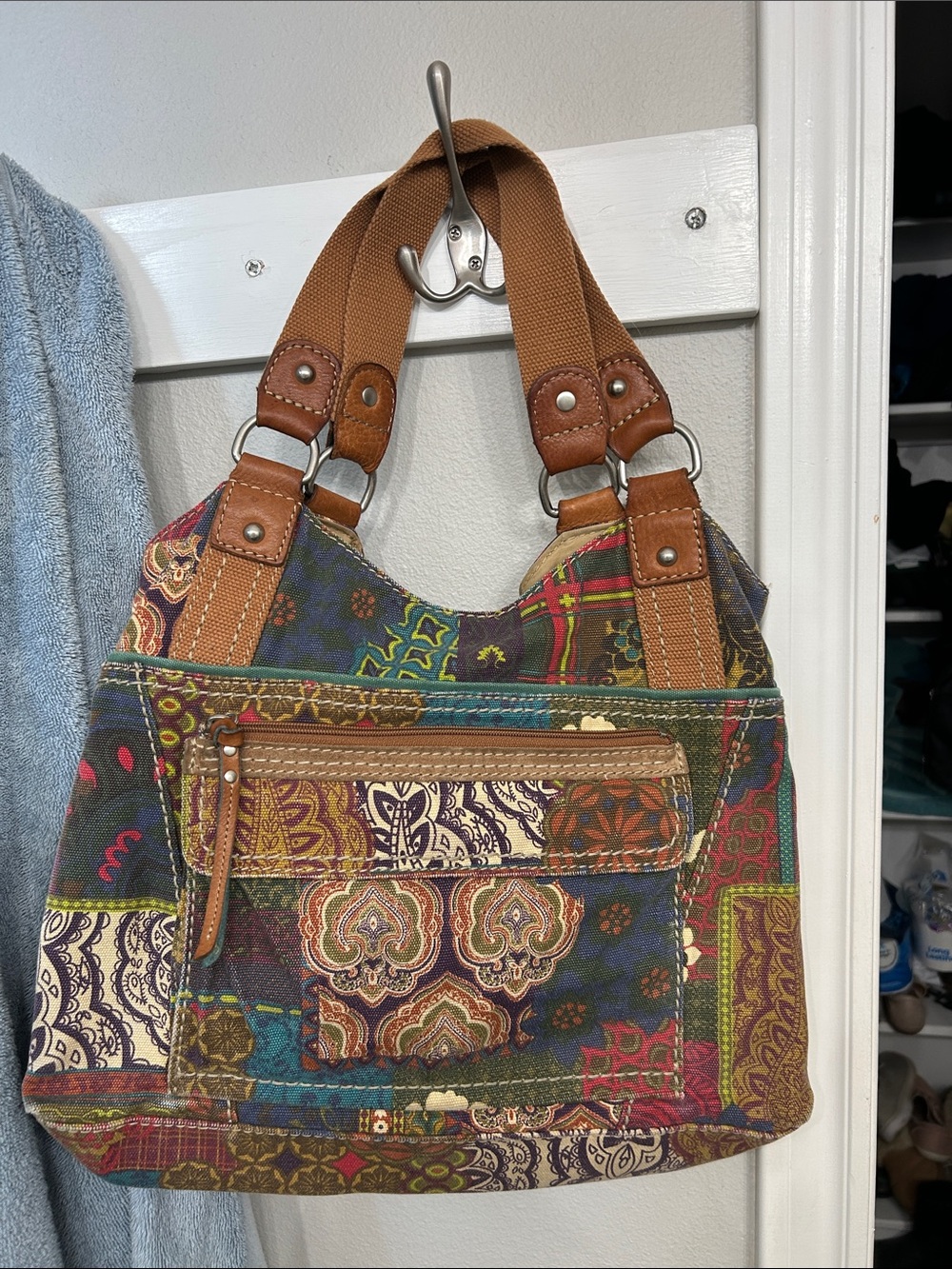 Fossil Multicolor Patchwork Canvas Shoulder Bag with Tan Leather Trim - Picture 13 of 16